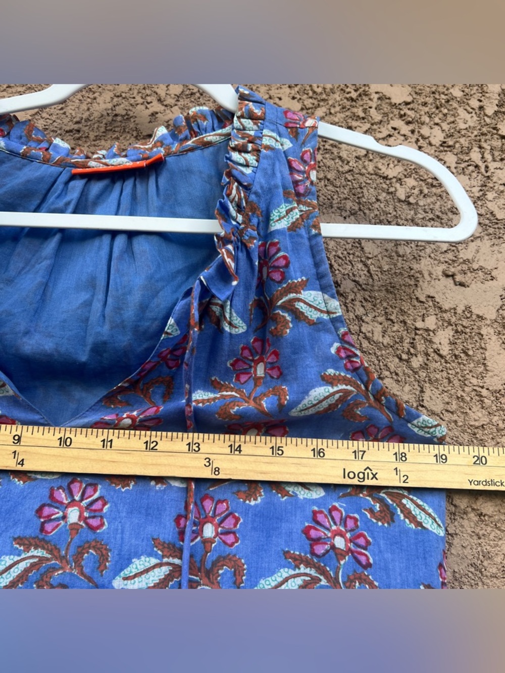 Oliphant Blue Floral Block Print Cotton Tiered Mini Dress Small Sleeveless Boho - Picture 13 of 14